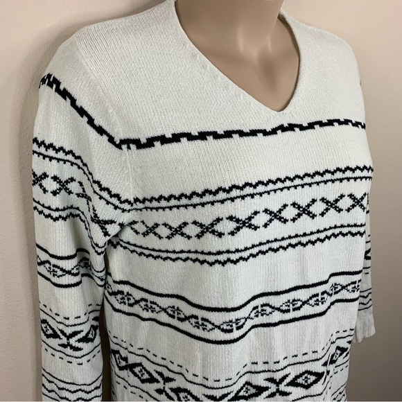 XL Vintage White Stag White And Black Geometric Print 90s Sweater V Neck Stretch - Picture 3 of 8